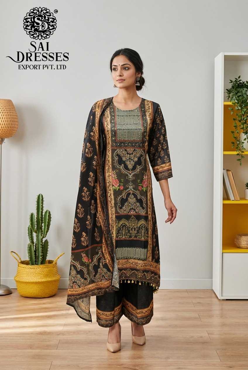 ELEGANT BLACK OLIVE CHINON KURTI PANT DUPATTA SET WITH HEAVY HAND WORK AND CLASSIC MOTIF DESIGN