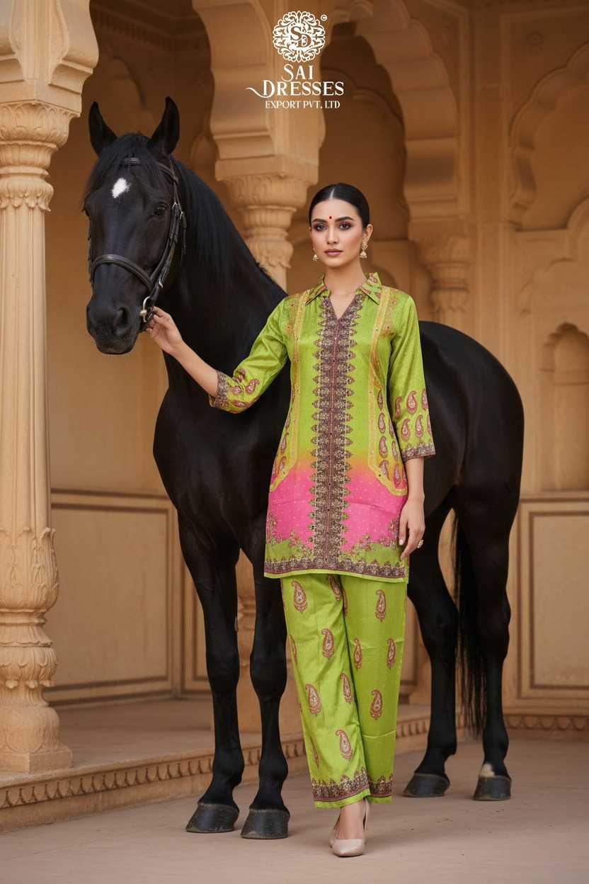 ELEGANT GREEN AND PINK CHINON HAND WORK KURTI PANT SET WITH RICH TRADITIONAL PRINT