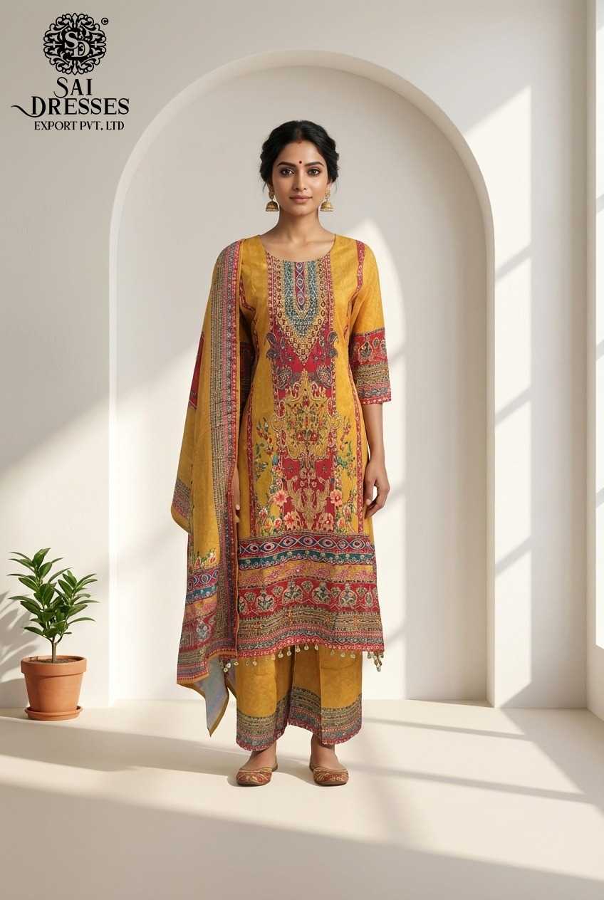 ELEGANT MUSTARD MASLIN PRINTED STRAIGHT DRESS SET WITH MATCHING DUPATTA AND PANTS FOR WOMEN
