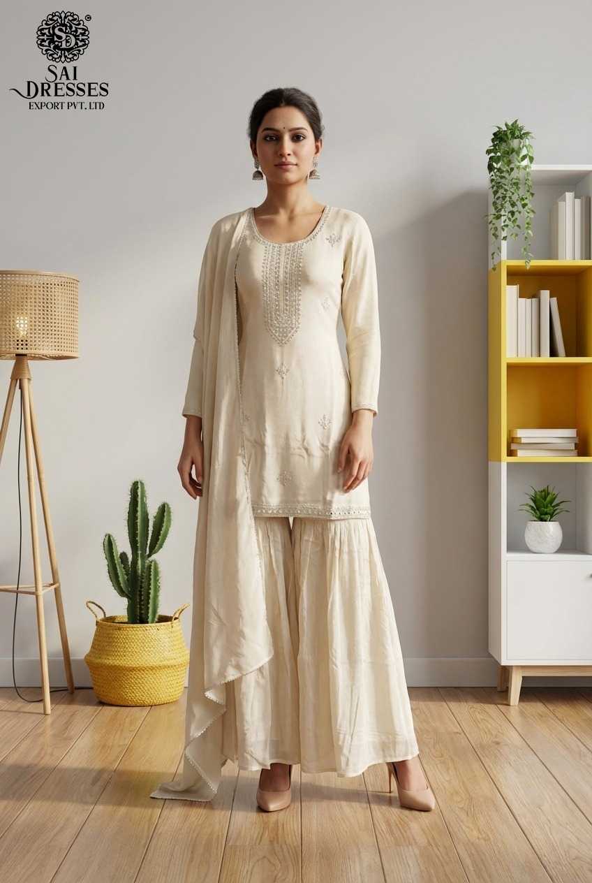 ELEGANT OFF WHITE PURE CHINON KURTI PALAZZO DUPATTA SET WITH DELICATE HAND WORK EMBELLISHMENT