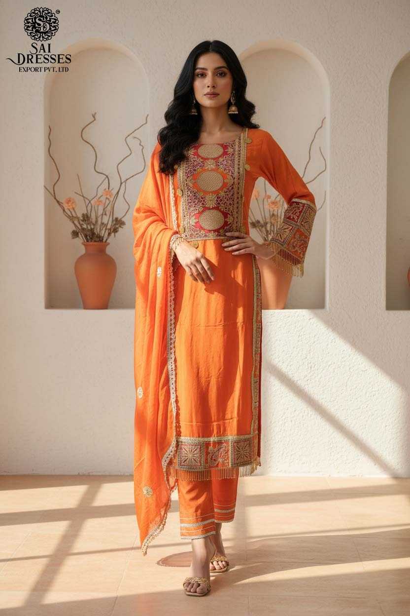 ELEGANT ORANGE VISCOSE CREPE ETHNIC SET WITH TRADITIONAL HEAVY HANDWORK DETAILING