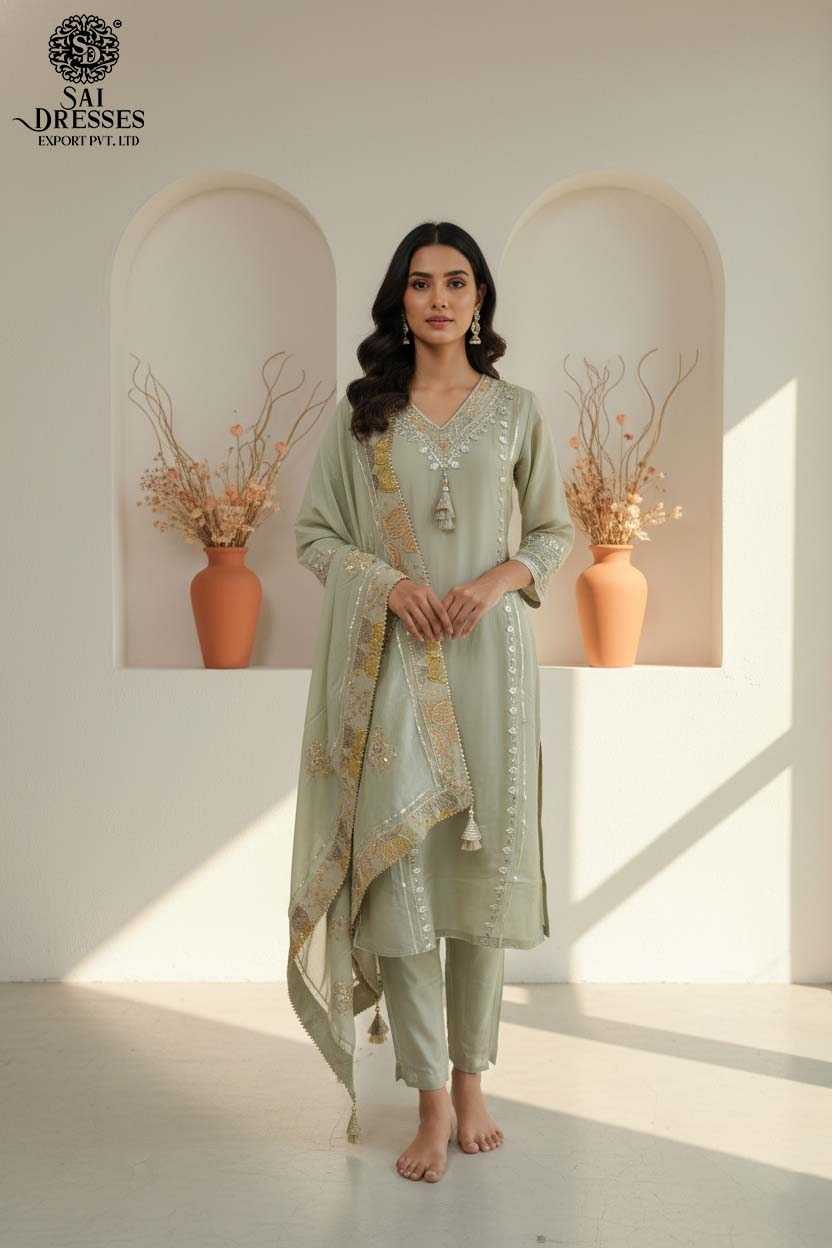 ELEGANT PISTA VISCOSE CREPE ETHNIC SET WITH TRADITIONAL HEAVY HANDWORK DETAILING