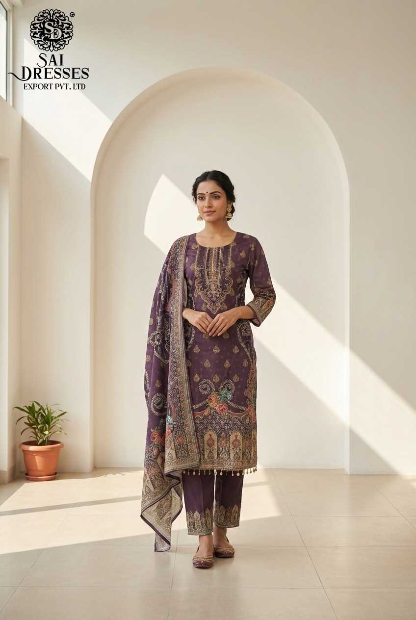 ELEGANT PURPLE MASLIN PRINTED STRAIGHT DRESS SET WITH MATCHING DUPATTA AND PANTS FOR WOMEN