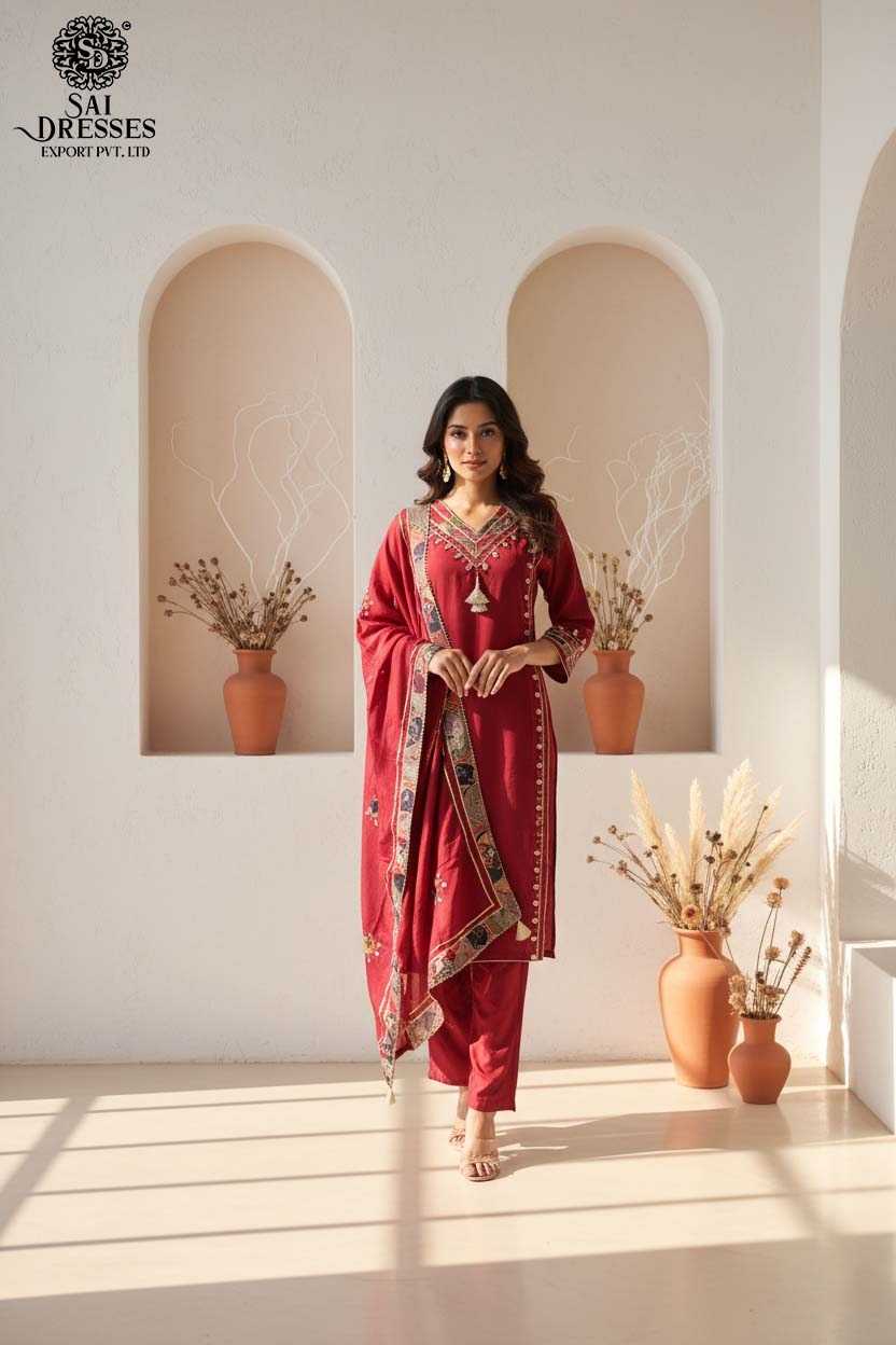 ELEGANT RED VISCOSE CREPE ETHNIC SET WITH TRADITIONAL HEAVY HANDWORK DETAILING