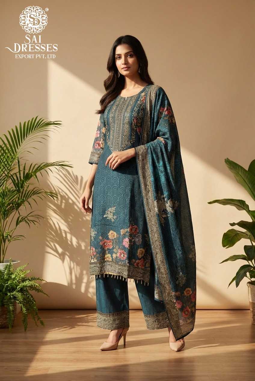 ELEGANT TEAL BLUE CHINON DRESS WITH MATCHING DUPATTA IN DIGITAL PRINT – PREMIUM FESTIVE & PARTY WEAR