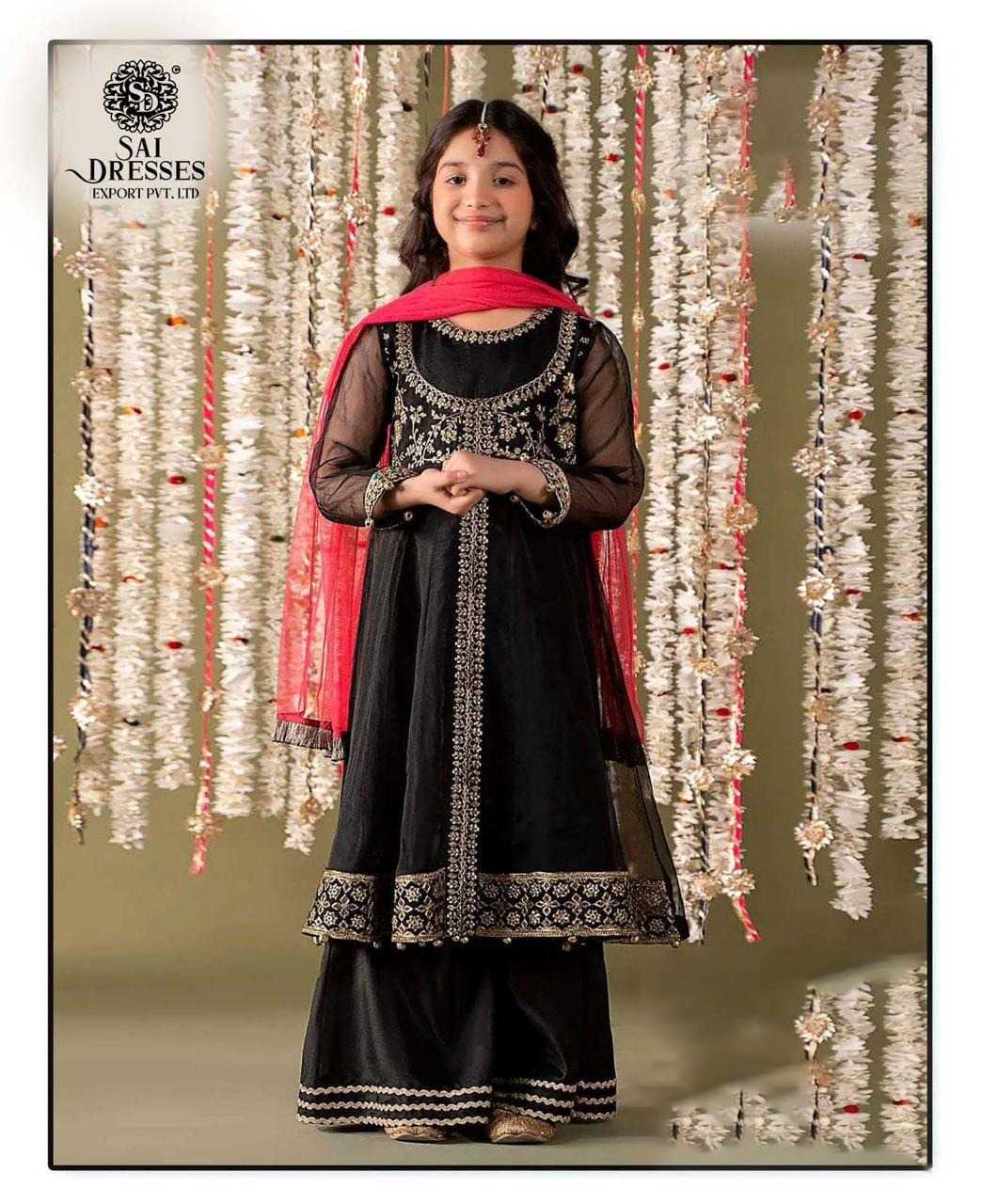 GIRLS EMBROIDERED ETHNIC KURTI SHARARA SET WITH DUPATTA IN BLACK – KIDS FESTIVE WEAR