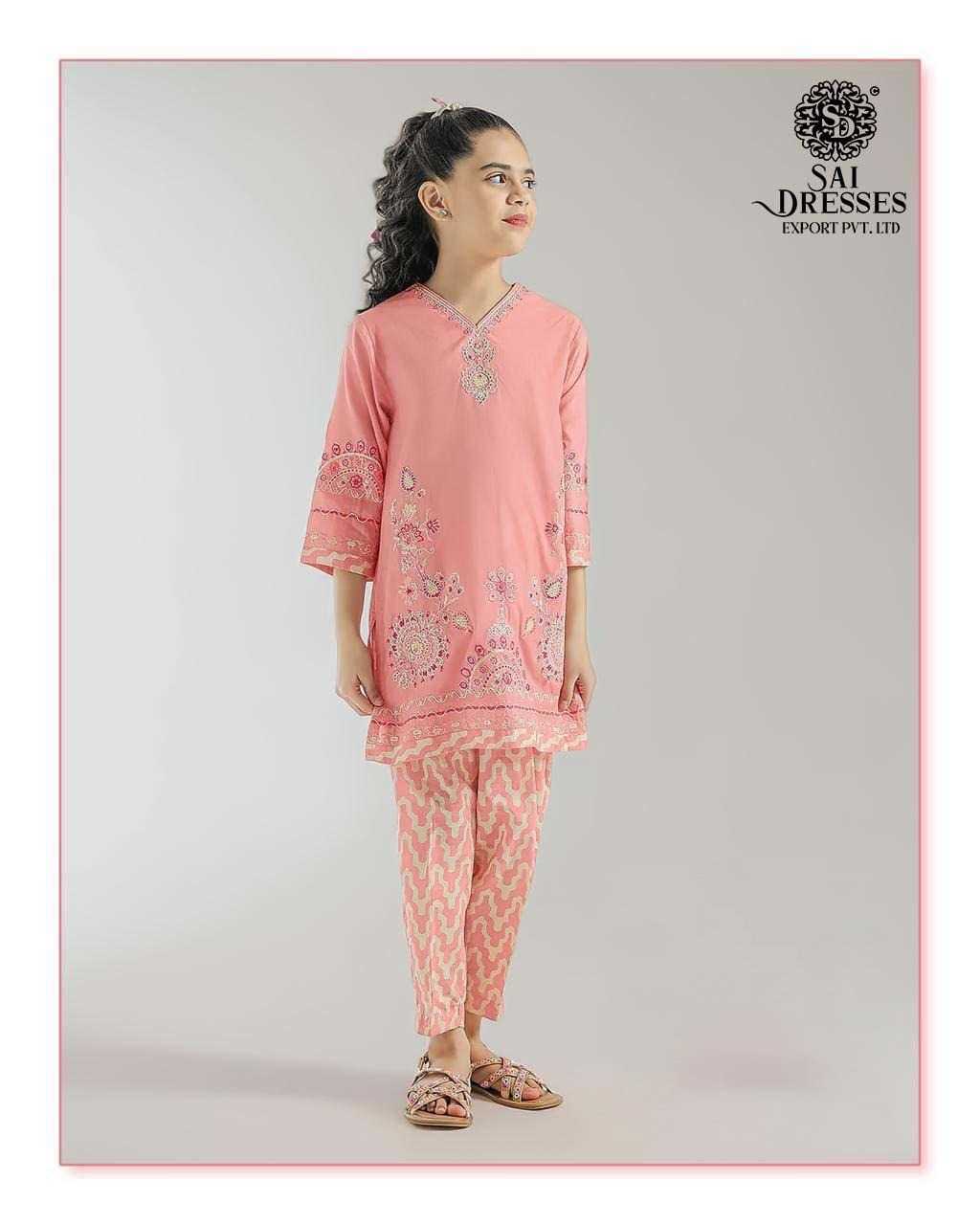 GIRLS EMBROIDERED KURTI WITH PRINTED PANTS SET IN PEACH PINK – KIDS ETHNIC FESTIVE WEAR