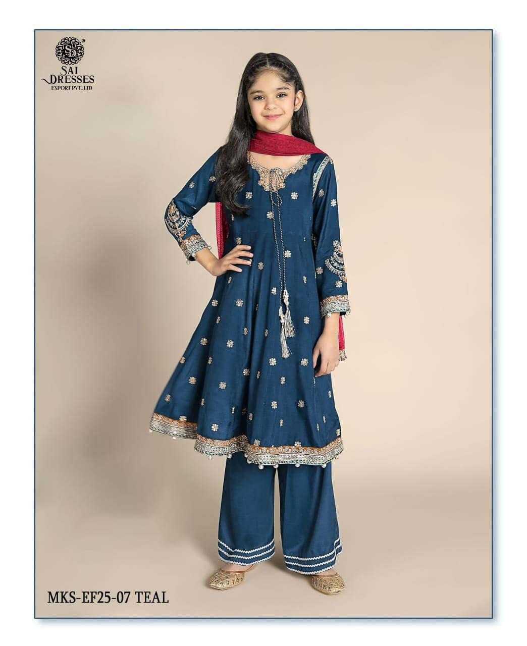 GIRLS HAND WORK EMBROIDERED ETHNIC ANARKALI KURTI PALAZZO SET WITH DUPATTA IN TEAL BLUE – KIDS FESTIVE WEAR