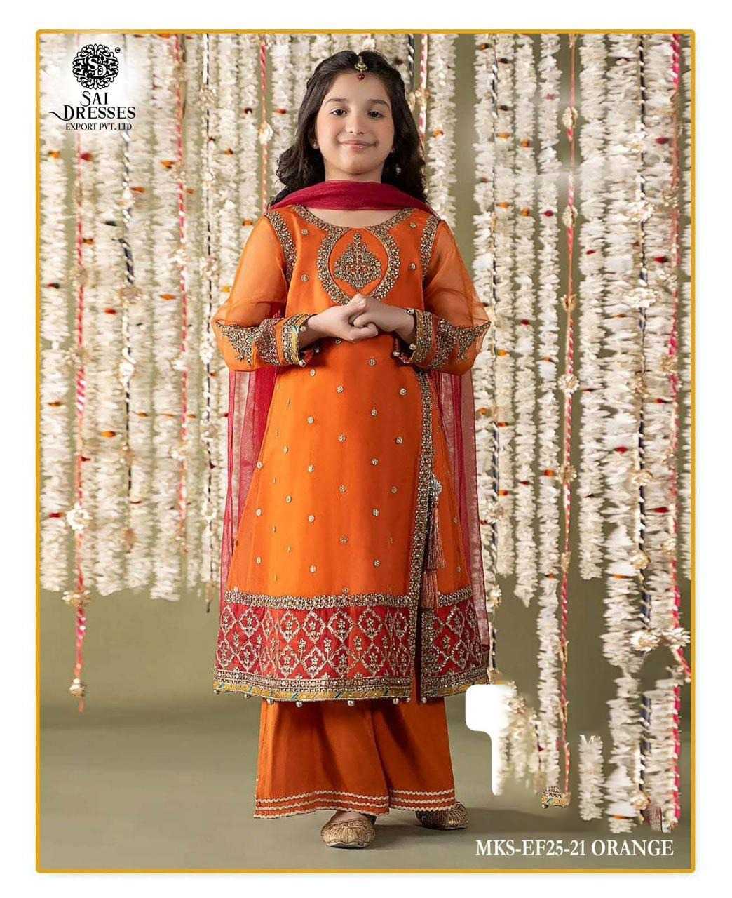 GIRLS HAND WORK EMBROIDERED ETHNIC KURTI PALAZZO SET WITH DUPATTA IN ORANGE – KIDS FESTIVE WEAR