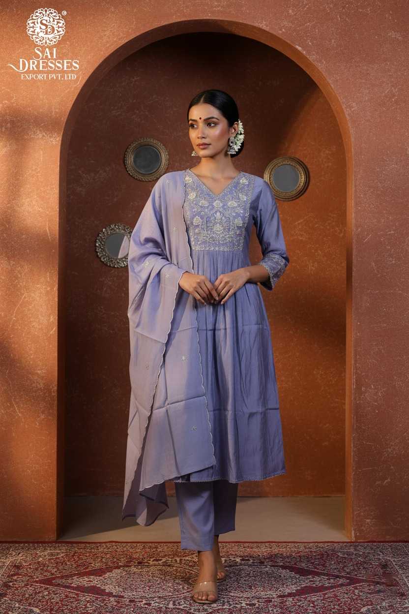 LEVENDER PURE CHANDERI STRAIGHT CUT SUIT SET WITH RICH HEAVY HANDWORK, ELEGANT NECK DETAILING, MATCHING PANTS AND DESIGNER DUPATTA