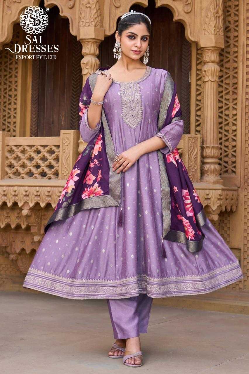 LEVENDER TRADITIONAL ANARKALI SUIT SET WITH INTRICATE VICHITRA SILK  AND CONTRAST PINK PRINTED DUPATTA FOR FESTIVE AND WEDDING WEAR