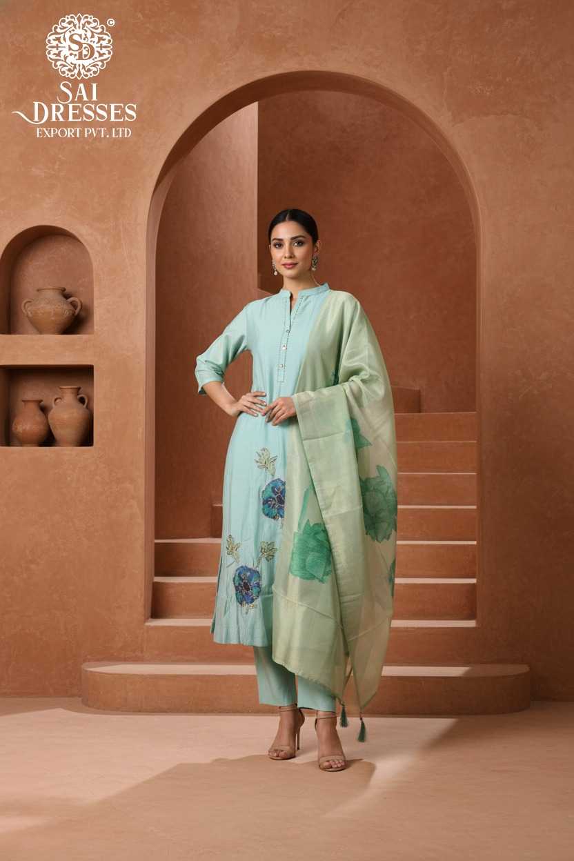 MAL CHANDERI MINT GREEN SUIT WITH EXQUISITE HEAVY HAND EMBROIDERY, SOFT LUXURIOUS TEXTURE AND ELEGANT FESTIVE APPEAL