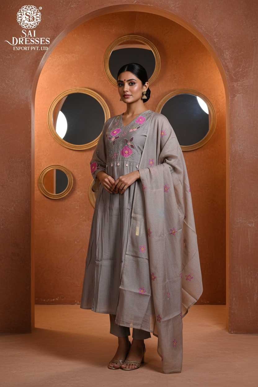 MOCHA GREY PURE CHANDERI STRAIGHT CUT SUIT SET WITH RICH HEAVY HANDWORK, ELEGANT NECK DETAILING, MATCHING PANTS AND DESIGNER DUPATTA
