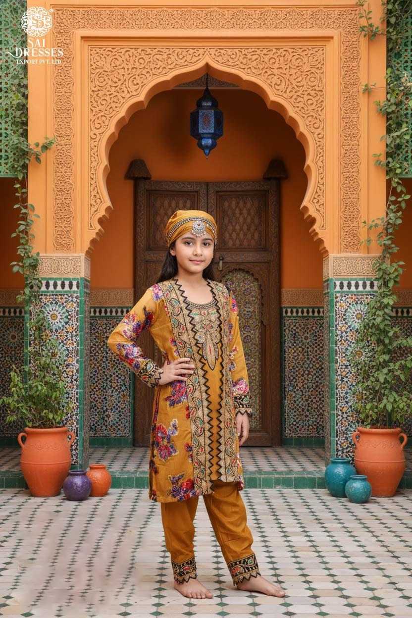MUSTARD YELLOW FESTIVE WEAR GIRLS EMBROIDERED SUIT SET
