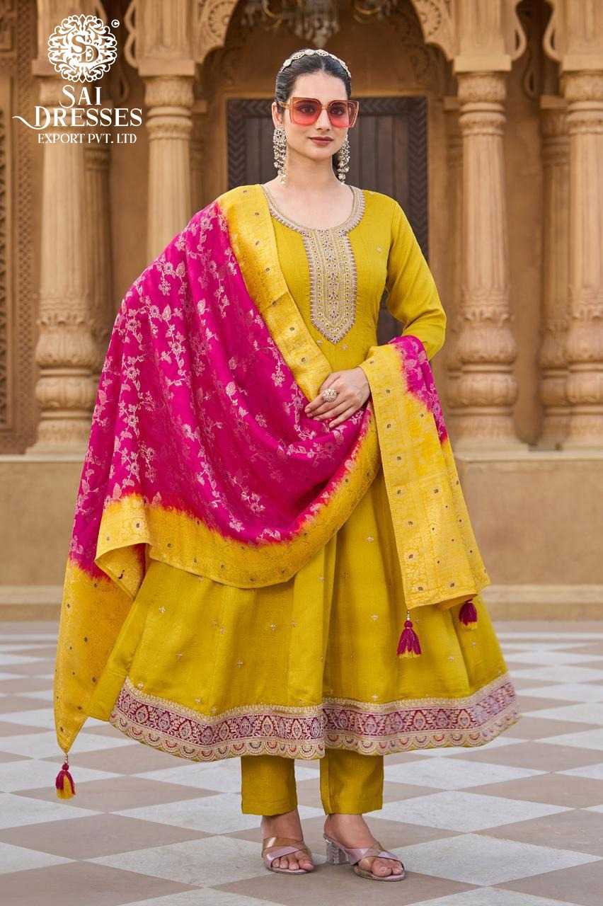 MUSTARD YELLOW TRADITIONAL ANARKALI SUIT SET WITH INTRICATE VICHITRA SILK  AND CONTRAST PINK PRINTED DUPATTA FOR FESTIVE AND WEDDING WEAR