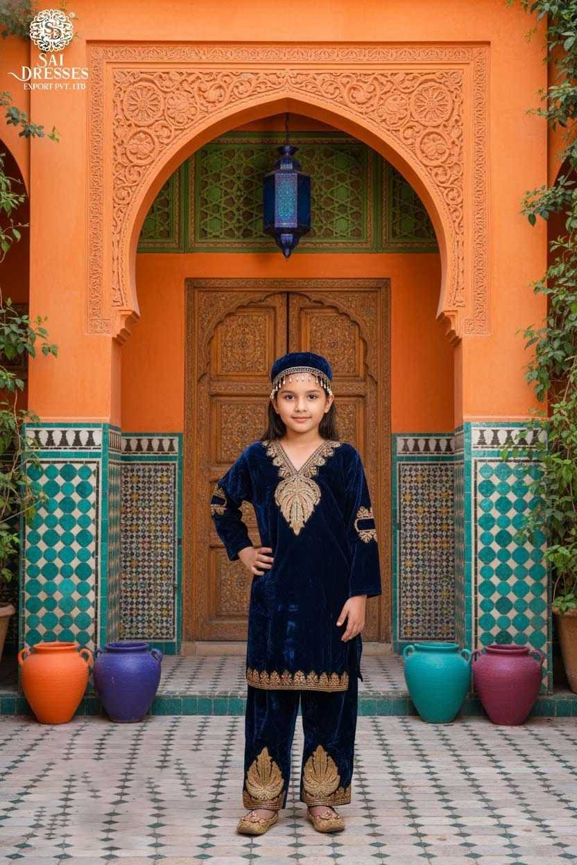 NAVY BLUE VELVET EMBROIDERED GIRLS ETHNIC SET – FESTIVE & WEDDING WEAR