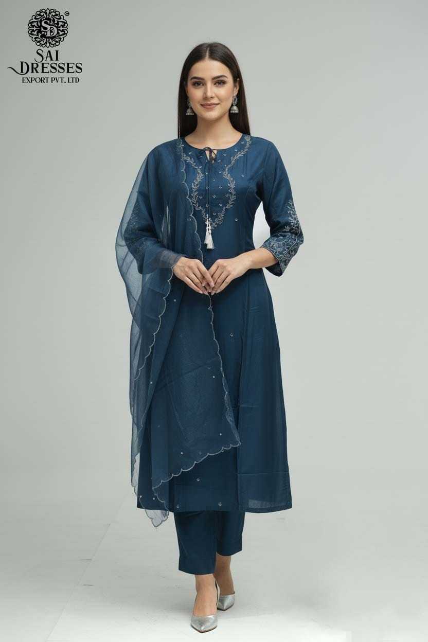 NEAVY PURE DOLA SILK STRAIGHT CUT SUIT SET WITH DELICATE HAND WORK EMBROIDERY, ELEGANT NECK DETAILING, MATCHING PANTS AND SOFT DESIGNER DUPATTA