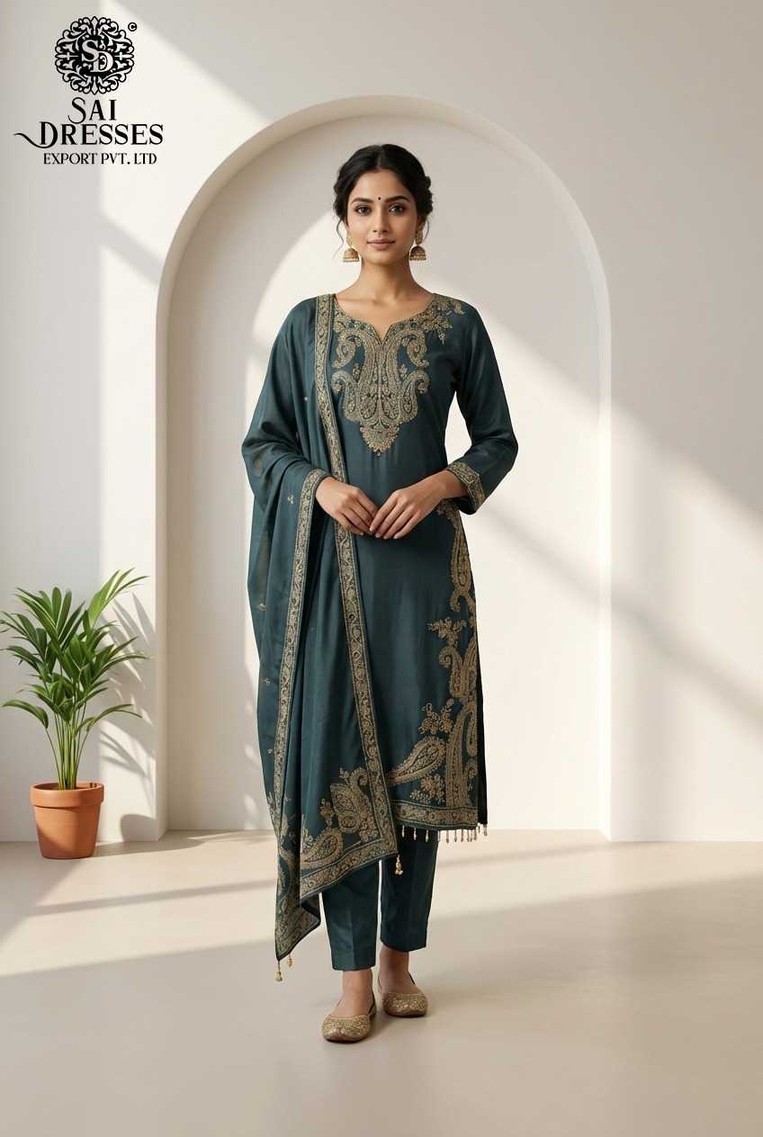 OCEAN MASLIN DRESS WITH ELEGANT TRADITIONAL MOTIFS AND MATCHING DUPATTA
