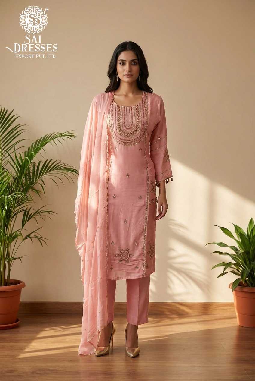 PINK PURE DOLA SILK KURTA SET WITH HEAVY HANDWORK AND SEQUENCE EMBROIDERY, MATCHING PURE SANTON BOTTOM AND PURE ORGANZA DUPATTA FOR FESTIVE AND PARTY WEAR