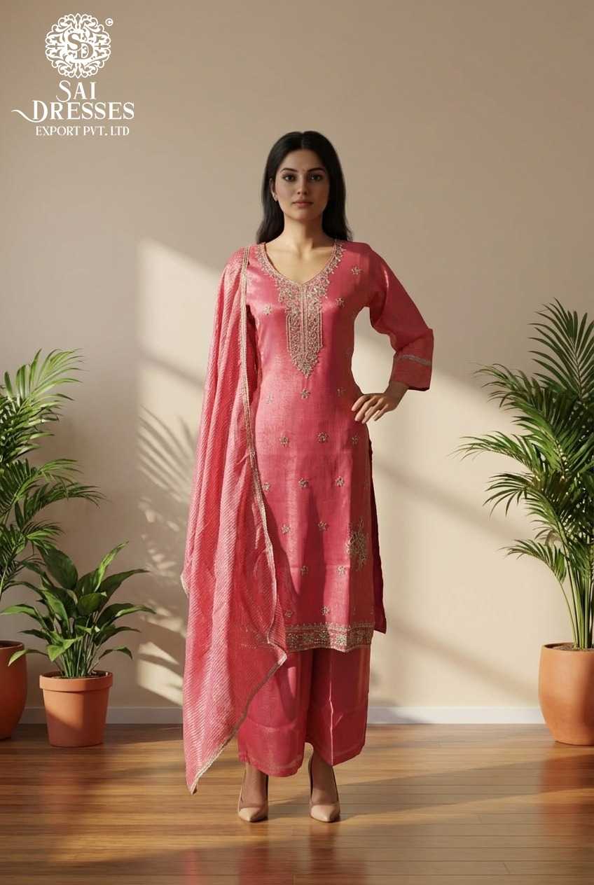 PINK VISCOSE SHIMMER KURTA SET WITH HEAVY HANDWORK EMBROIDERY, MATCHING PALAZZO PANTS AND JACQUARD SHIMMER DUPATTA FOR FESTIVE AND PARTY WEAR