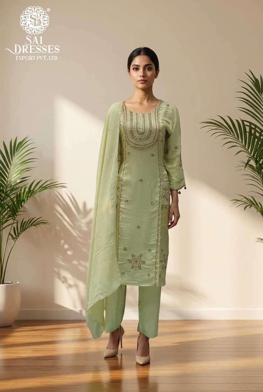 PISTACHIO PURE DOLA SILK KURTA SET WITH HEAVY HANDWORK AND SEQUENCE EMBROIDERY, MATCHING PURE SANTON BOTTOM AND PURE ORGANZA DUPATTA FOR FESTIVE AND PARTY WEAR