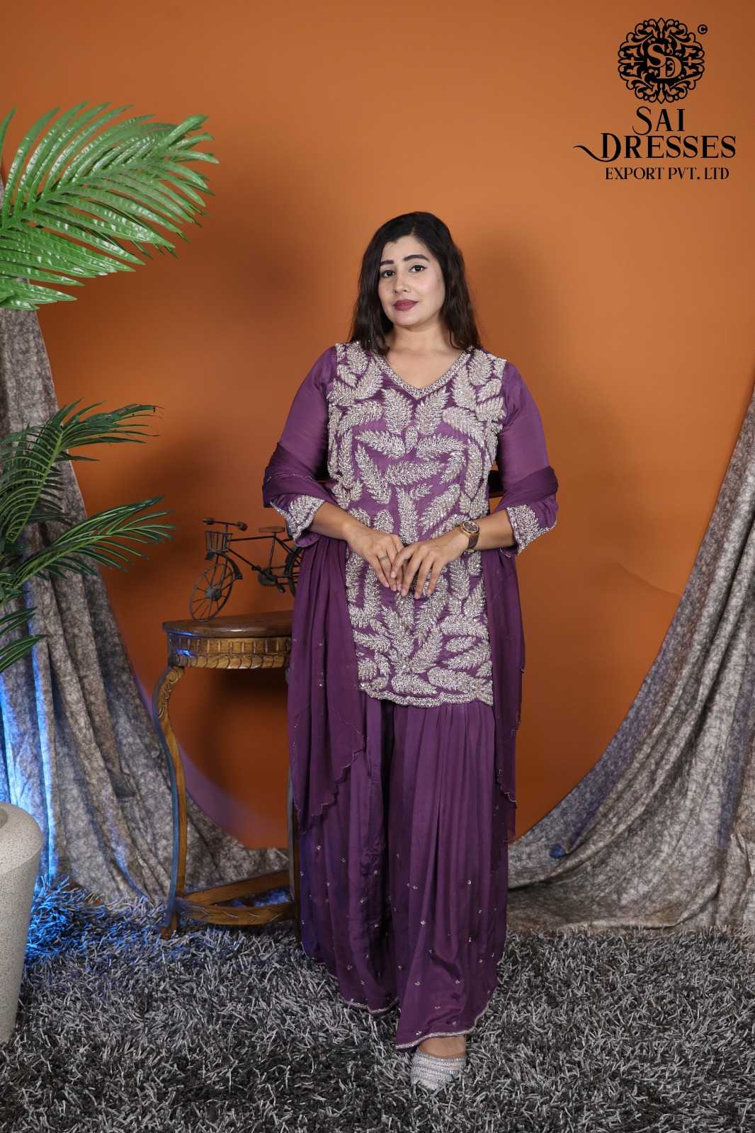 PLUM DESIGNER PURE CHINON SALWAR SUIT WITH RICH HEAVY HAND EMBROIDERY