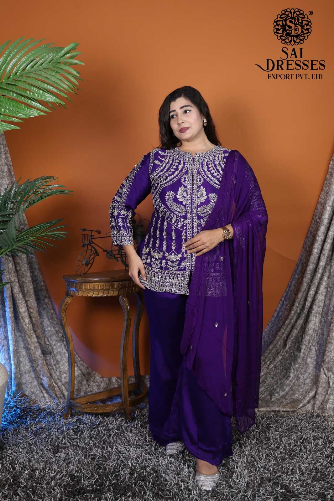 PLUM PURPLE LUXURY PURE CHINON SUIT WITH SEQUENCE EMBELLISHED HANDWORK