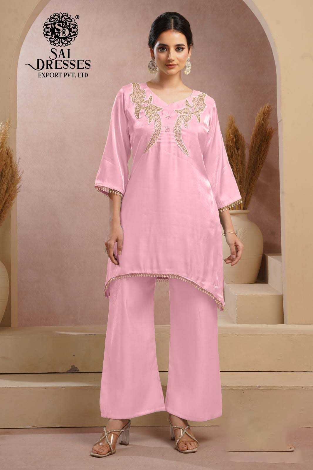 PREMIUM BABY PINK GLASS ROMAN SILK HEAVY HANDWORK KURTI PANT SET WITH ELEGANT EMBROIDERED MOTIFS