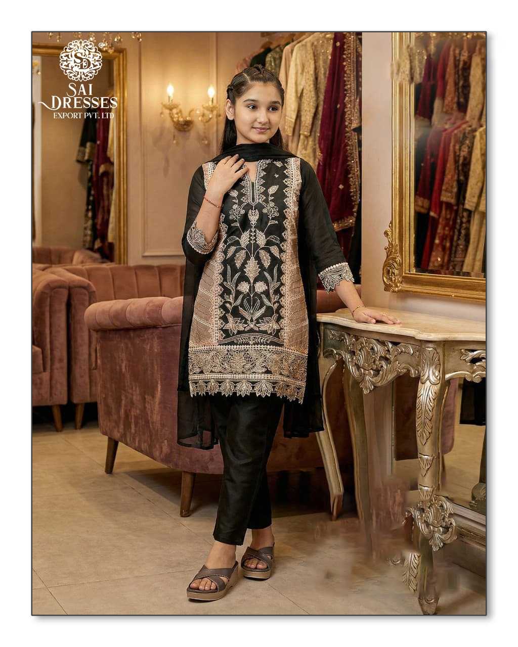 PREMIUM BLACK COLOUR HEAVY EMBROIDERED KIDS KURTI SET WITH ANTIQUE GOLD THREADWORK AND ELEGANT BORDER DETAILS