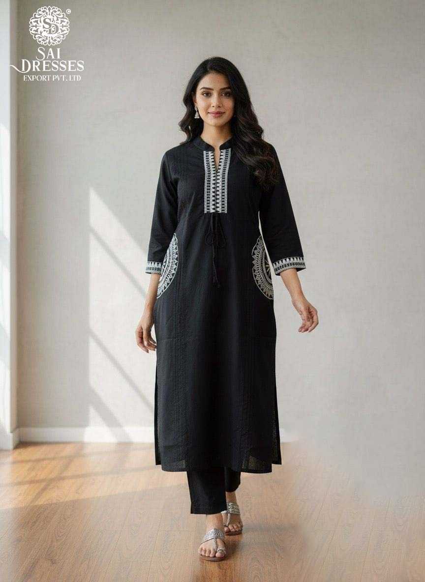 PREMIUM BLACK DABHU COTTON KURTI PANT SET WITH CONTRAST ETHNIC EMBROIDERY WORK