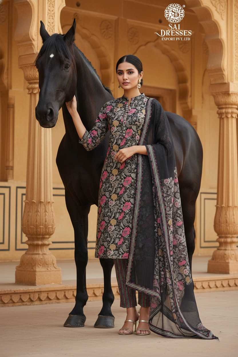 PREMIUM BLACK MODAL SILK HAND WORK KURTI PANT DUPATTA SET WITH ELEGANT FLORAL DESIGN