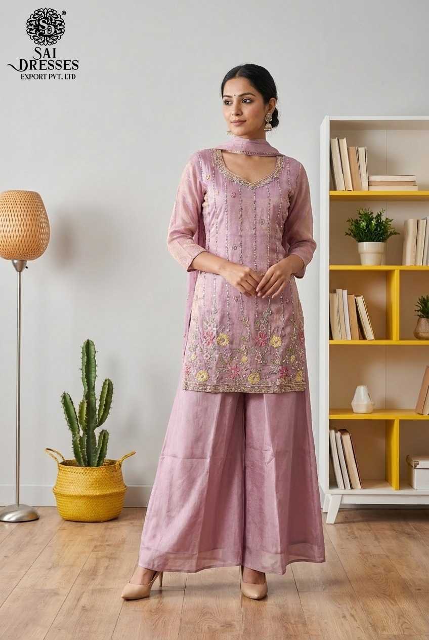 PREMIUM BLUSH MAUVE PURE SHIMMER KURTI PALAZZO DUPATTA SET WITH HEAVY HAND WORK AND FLORAL EMBELLISHMENT