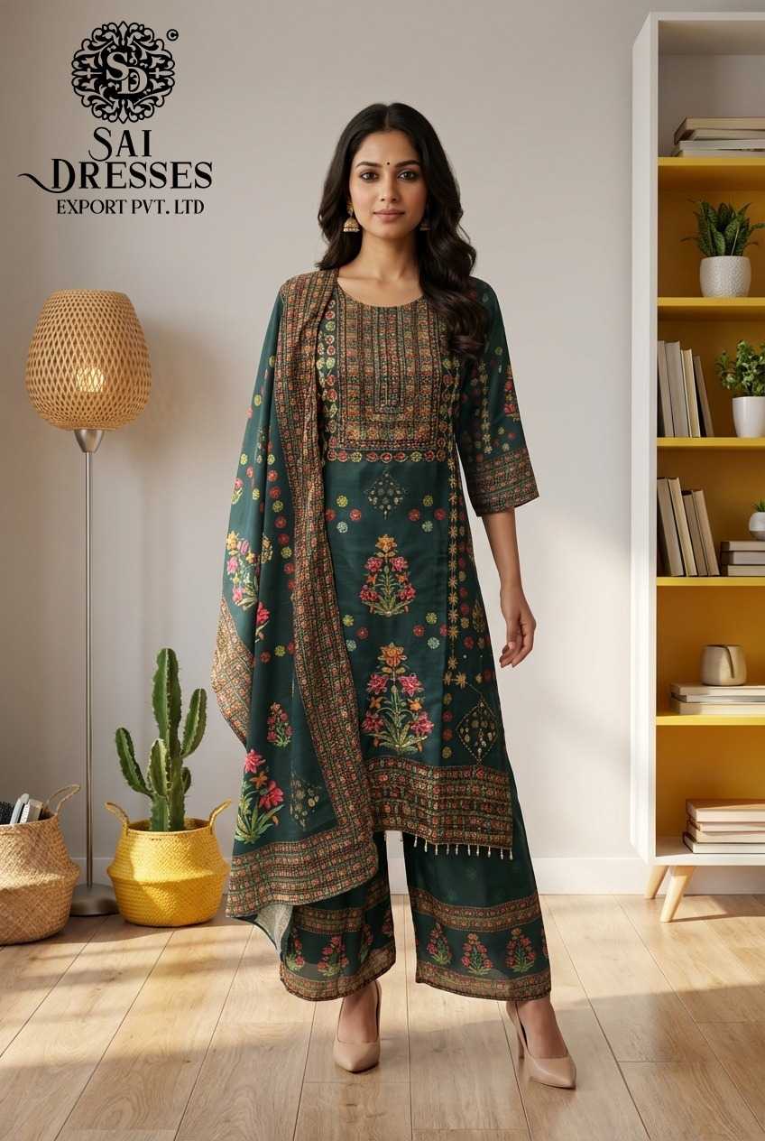 PREMIUM BOTTLE GREEN CHINON KURTI PANT DUPATTA SET WITH HEAVY HAND WORK AND FLORAL TRADITIONAL PRINT