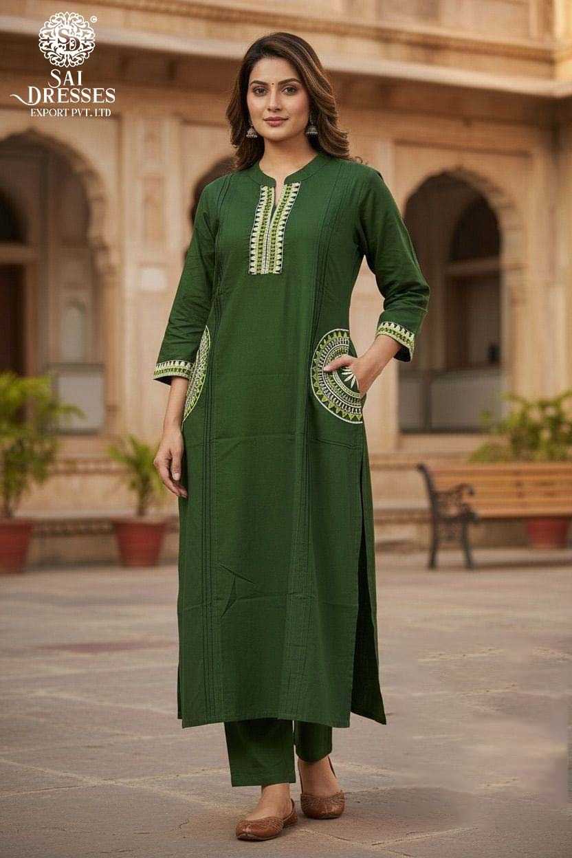 PREMIUM BOTTLE GREEN DABHU COTTON KURTI PANT SET WITH ELEGANT HAND EMBROIDERY DETAILS