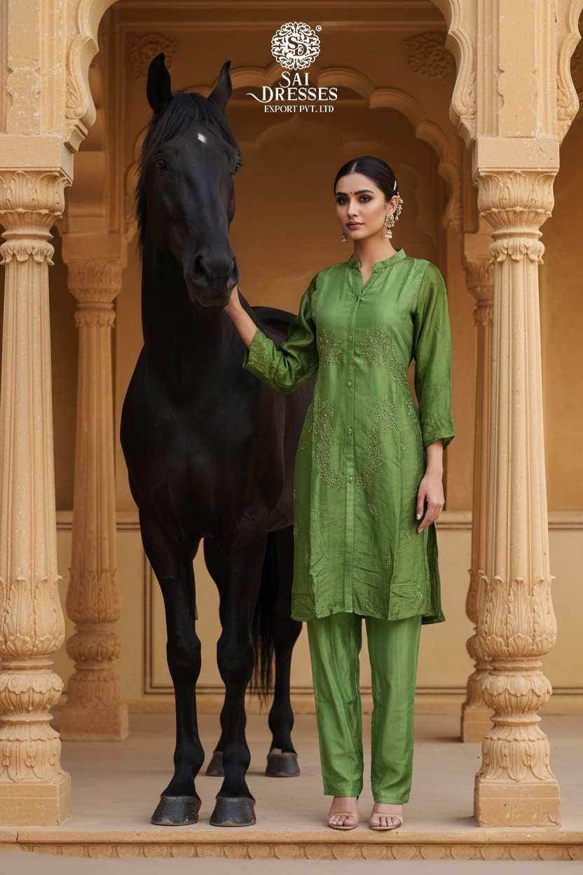 PREMIUM BOTTLE GREEN PURE VISCOSE CHINON HEAVY HANDWORK KURTI PANT SET WITH ELEGANT EMBROIDERED MOTIFS