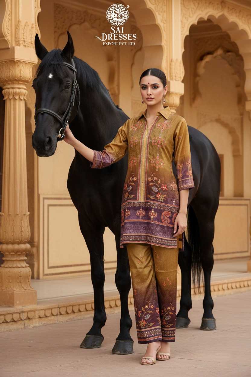 PREMIUM BROWN CHINON HAND WORK KURTI PANT SET WITH TRADITIONAL EMBROIDERY DESIGN