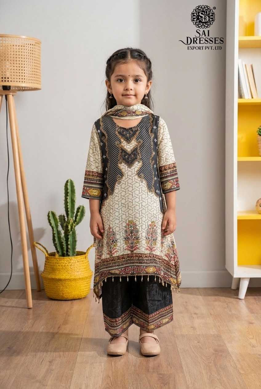 PREMIUM CHINON KIDS KURTI SET WITH DIGITAL PRINT IN BLACK BEIGE COLOUR