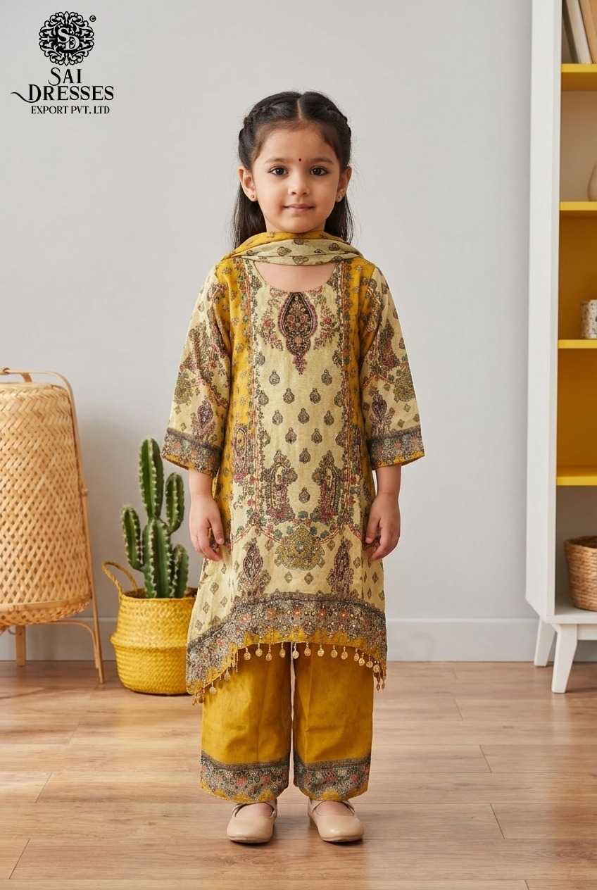 PREMIUM CHINON KIDS KURTI SET WITH DIGITAL PRINT IN MUSTARD YELLOW COLOUR