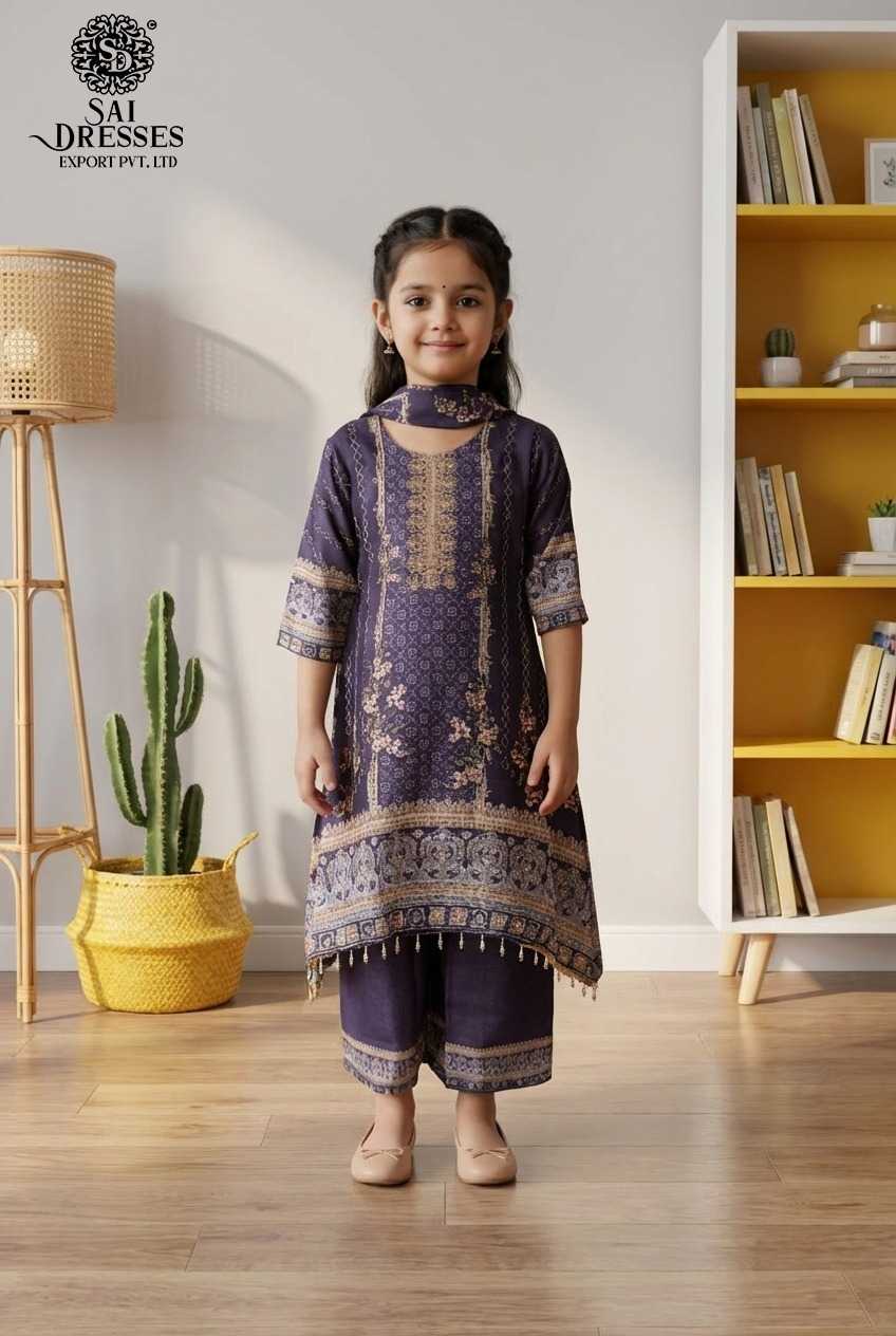 PREMIUM CHINON KIDS KURTI SET WITH DIGITAL PRINT IN PURPLE COLOUR