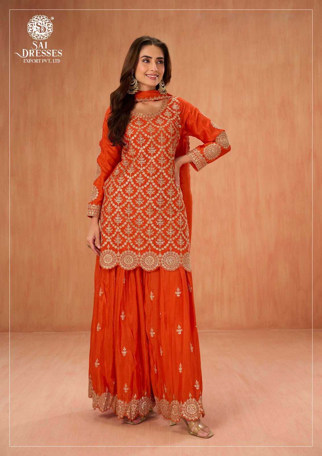 PREMIUM CHINON RUST ORANGE SHARARA SUIT WITH HEAVY GOLD EMBROIDERY WORK AND TRADITIONAL ELEGANCE