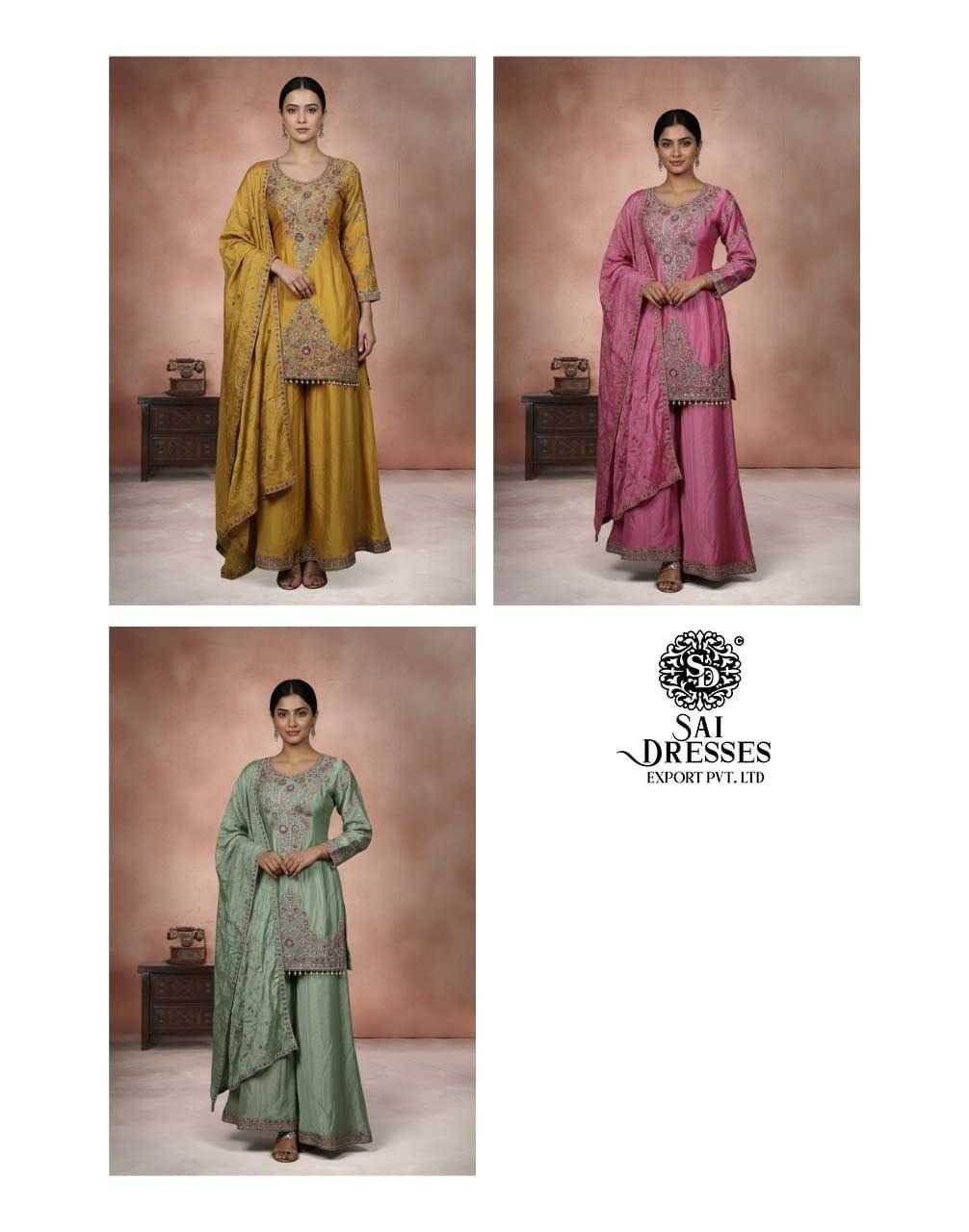 PREMIUM CHINON SILK SUIT WITH HEAVY HAND EMBROIDERY AND DESIGNER DUPATTA IN MUSTARD, PINK AND SAGE GREEN