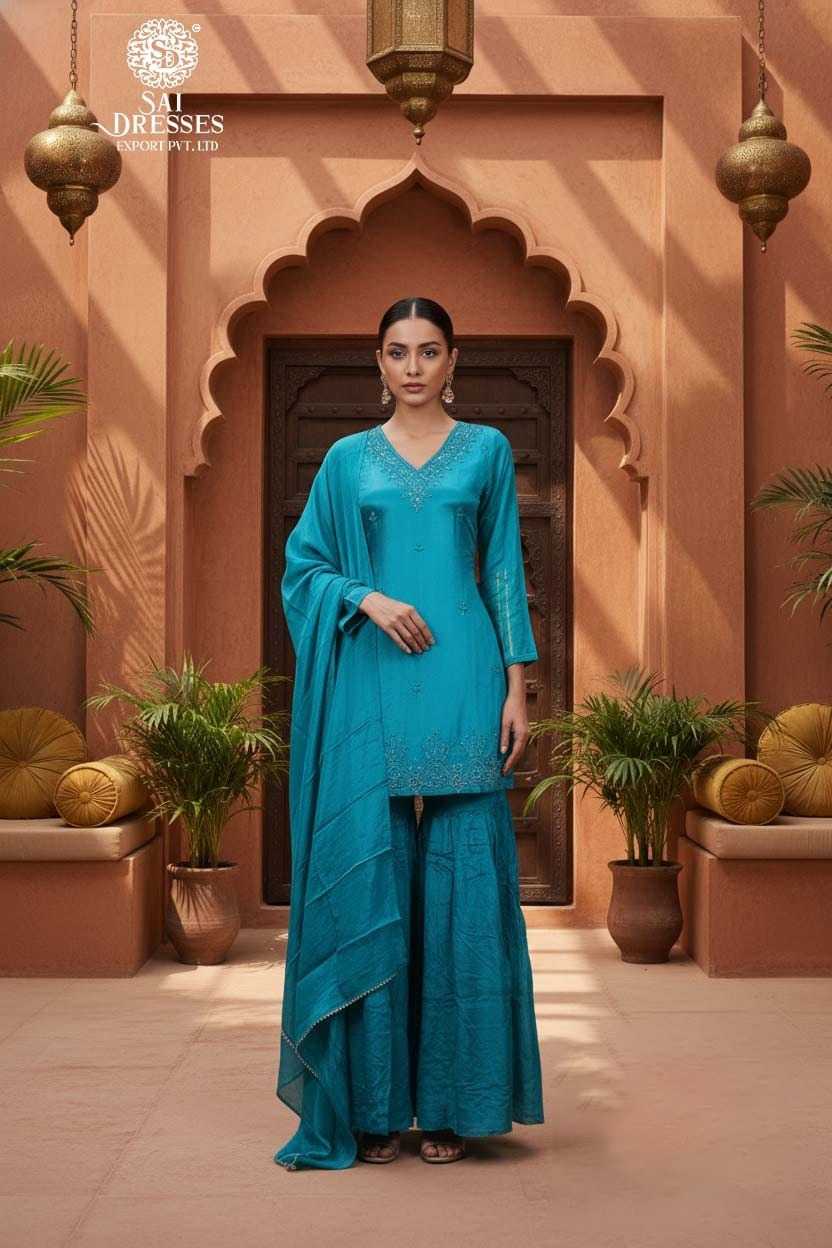 PREMIUM CHINON TEAL ELEGANT HANDWORK SHARARA SUIT SET WITH MATCHING DUPATTA FOR WOMEN