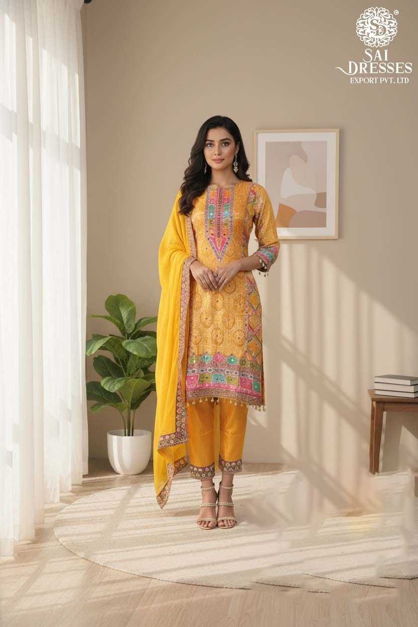 PREMIUM CHINON YELLOW ELEGANT HANDWORK PRINTED SALWAR SUIT SET WITH MATCHING DUPATTA FOR WOMEN