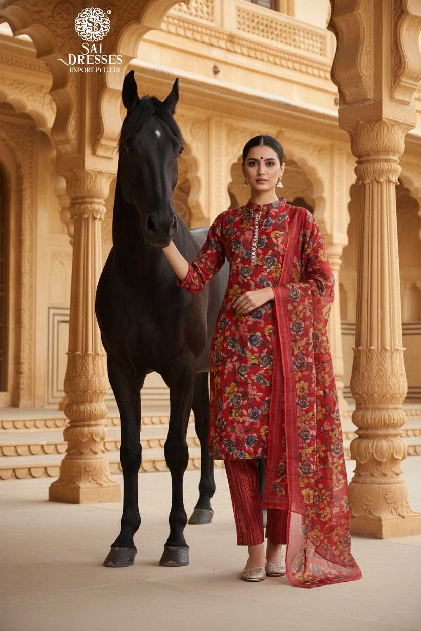 PREMIUM DEEP RED MODAL SILK HAND WORK KURTI PANT DUPATTA SET WITH RICH FLORAL ETHNIC DESIGN