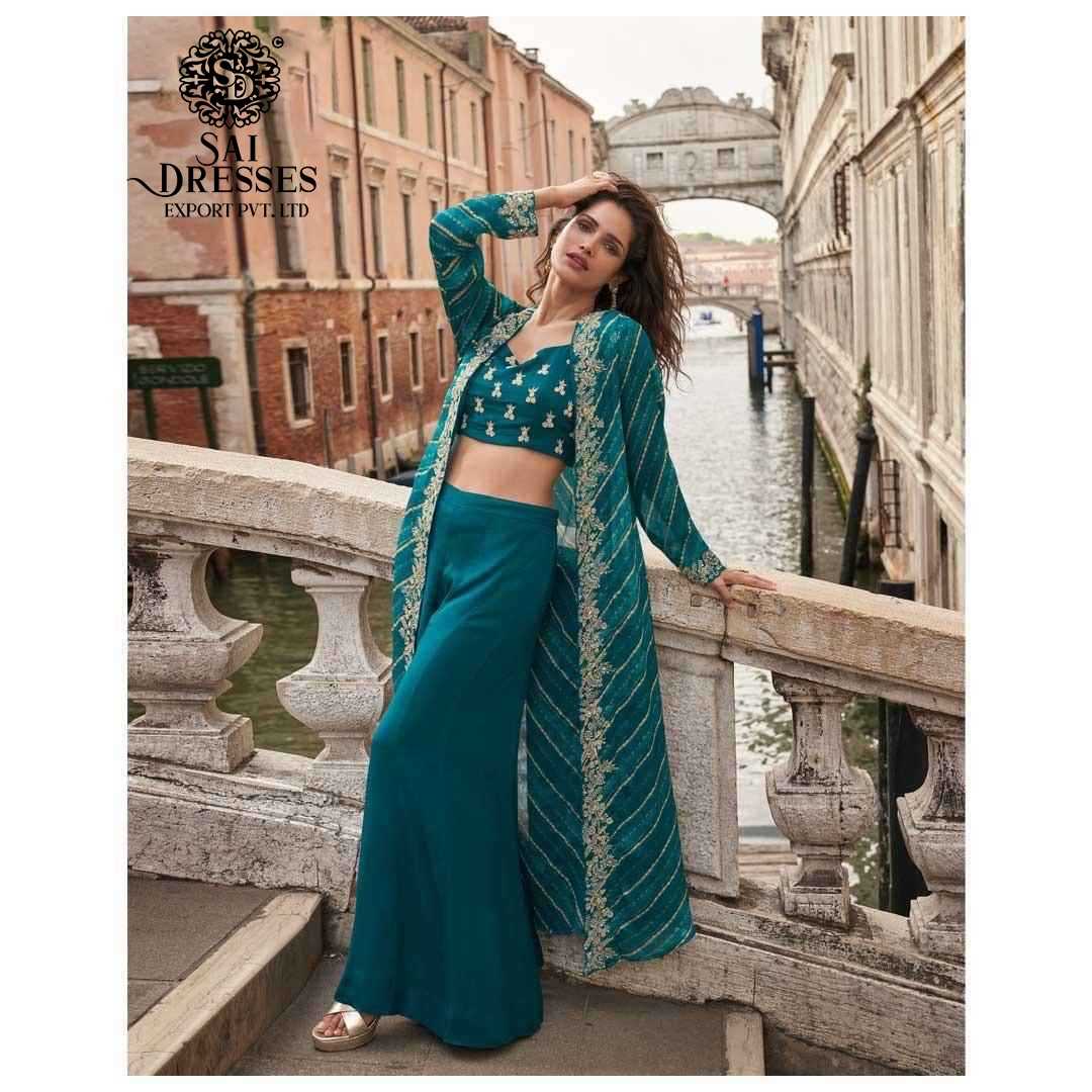 PREMIUM DESIGNER FUSION WEAR SET EMBROIDERED SHRUG WITH EMBROIDERED BLOUSE, FLOWY PLAZZO 