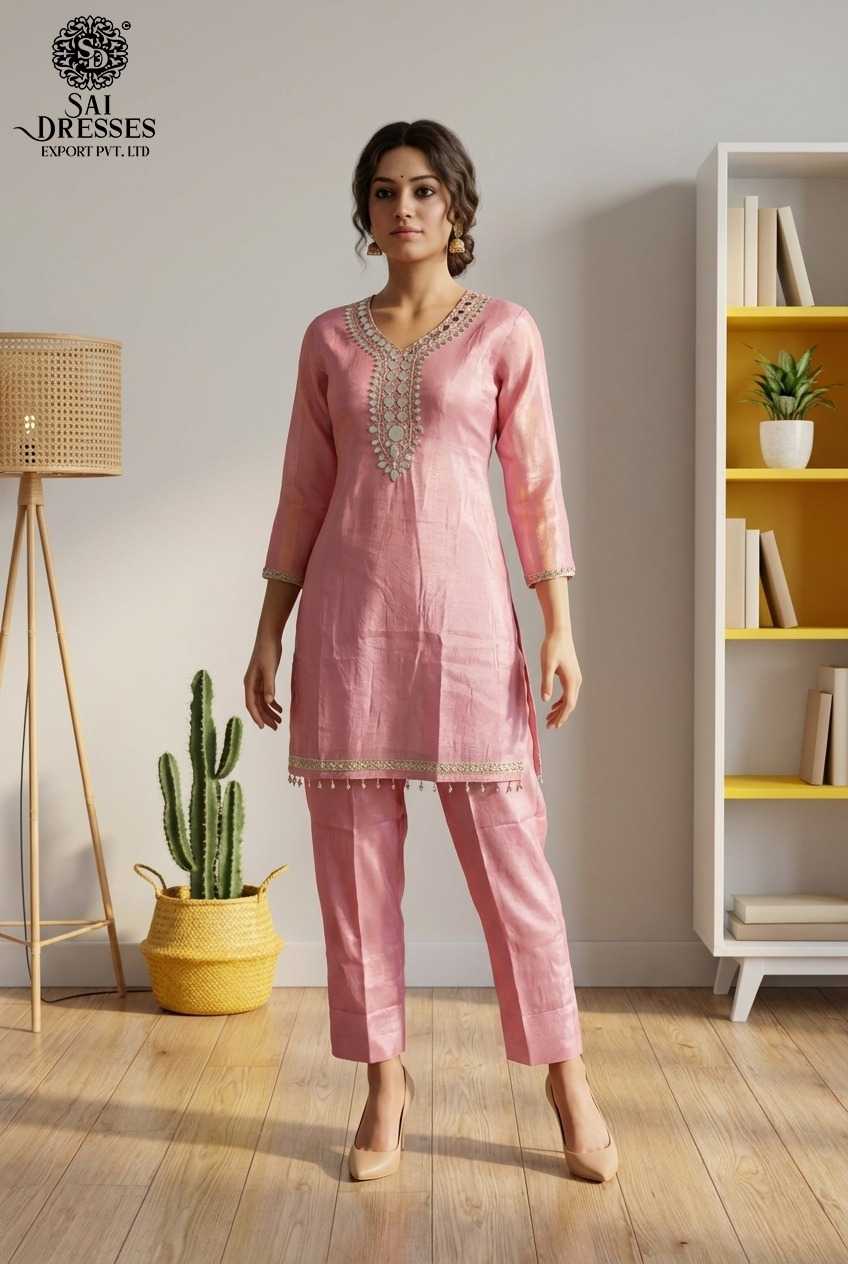 PREMIUM GOLD CRUSH FABRIC STRAIGHT BABY PINK  KURTI SET WITH HEAVY MIRROR & HAND EMBROIDERY WORK