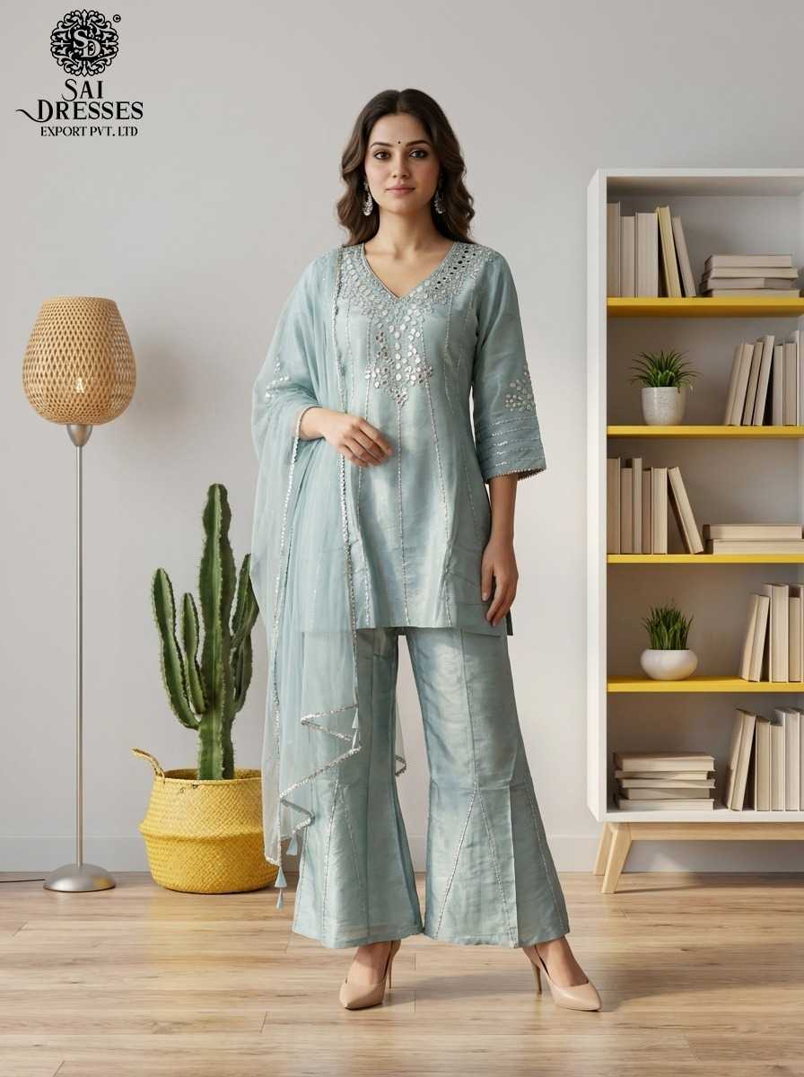 PREMIUM ICE BLUE PURE SHIMMER KURTI PALAZZO DUPATTA SET WITH HEAVY HAND WORK AND MIRROR EMBELLISHMENT