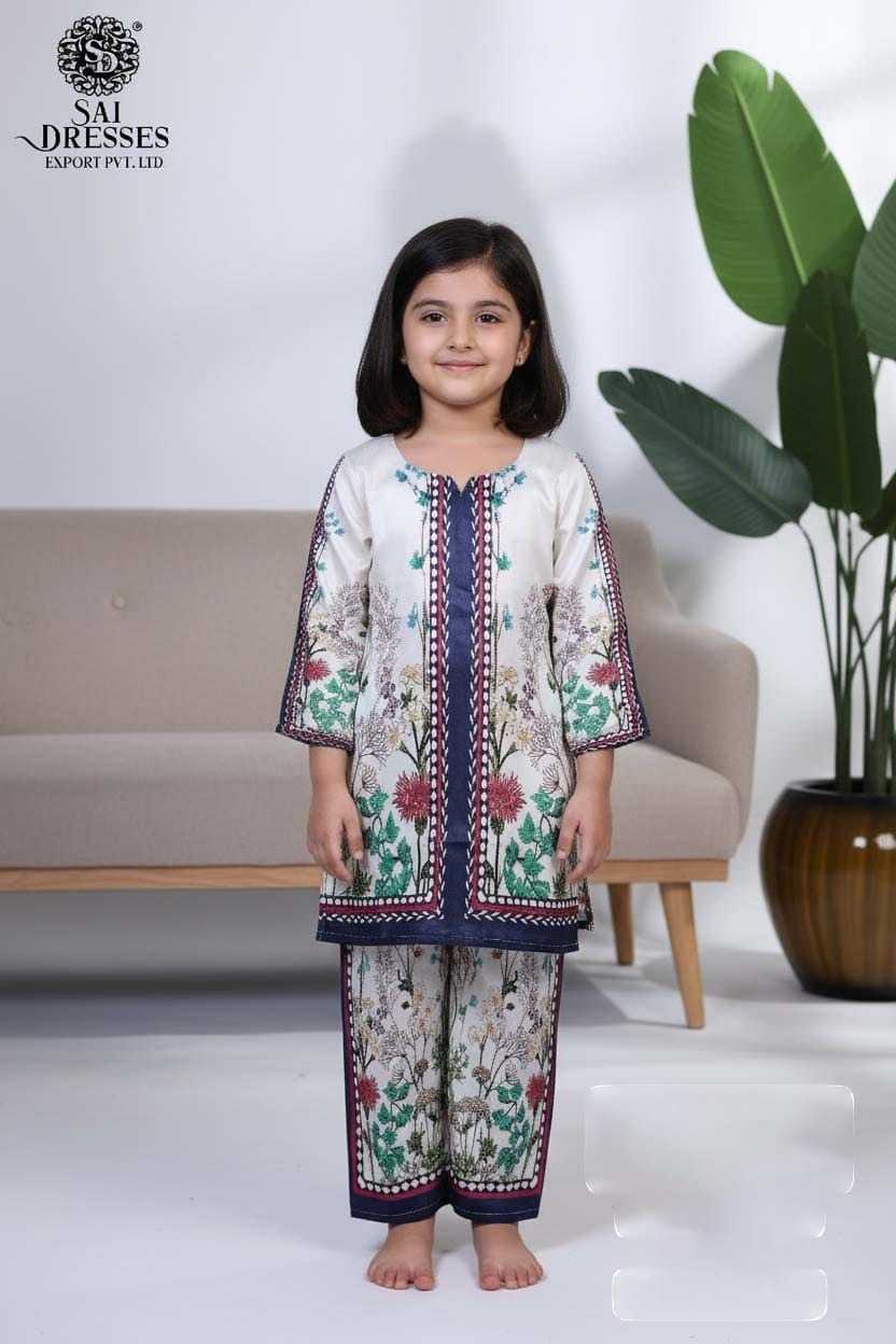 PREMIUM KIDS DIGITAL FLORAL PRINT KURTI PANT SET WITH CONTRAST BORDER AND FRONT PANEL DETAIL IN OFF WHITE COLOUR