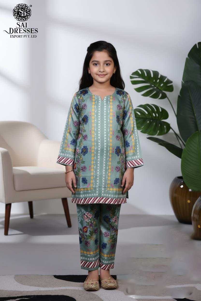 PREMIUM KIDS DIGITAL FLORAL PRINT KURTI PANT SET WITH CONTRAST BORDER AND FRONT PANEL DETAIL IN SEA GREEN COLOUR