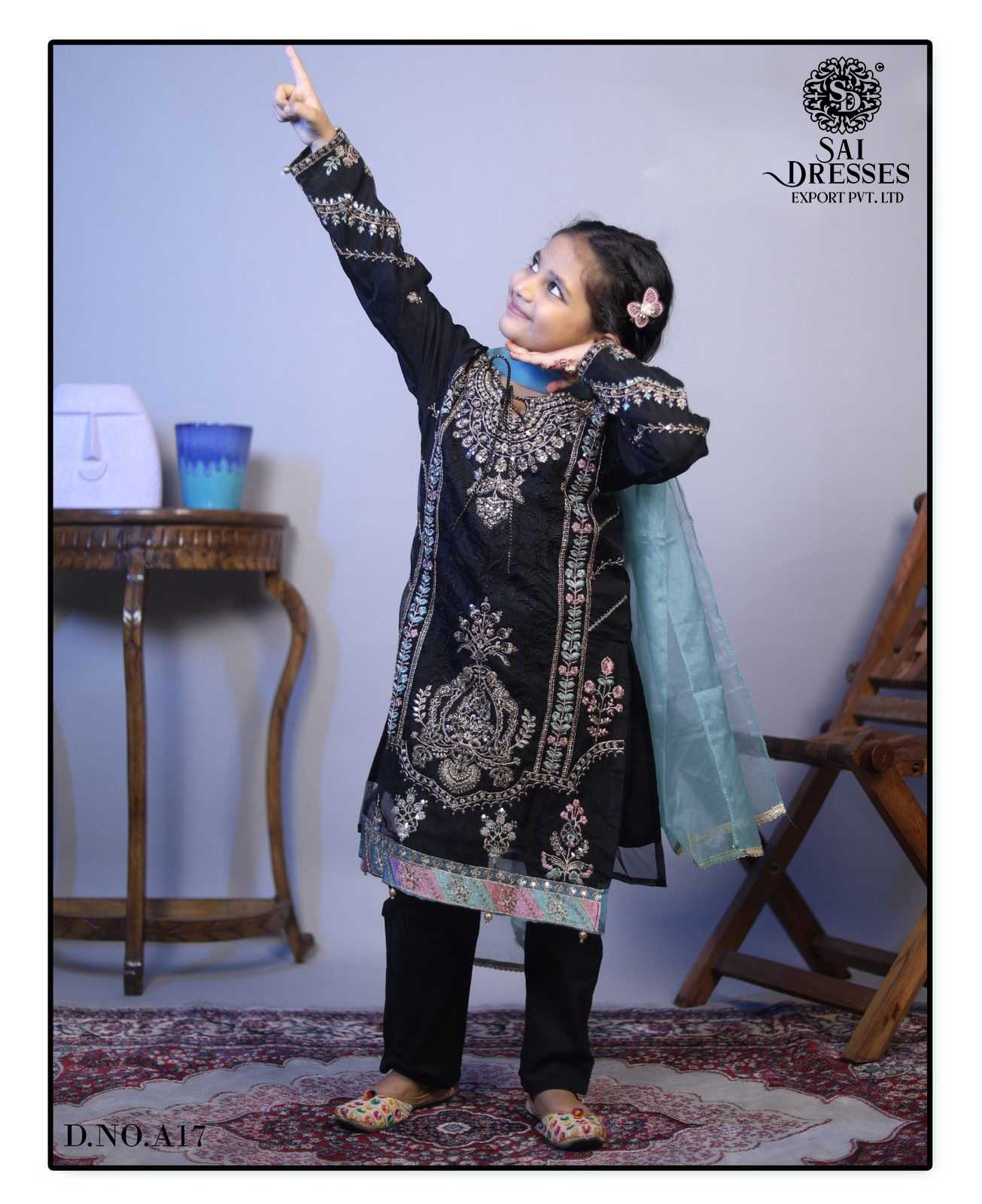 PREMIUM KIDS SUIT WITH HEAVY HAND EMBROIDERY & BEADS WORK IN BLACK COLOUR WITH MULTI COLOUR ACCENTS